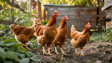 Fototapeta premium Free Range Chickens Roaming in Poultry Farm Setting