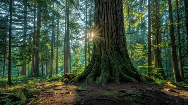 Douglas fir tree in Cathedral Grove, MacMillan Provincial Park, Vancouver island, British Columbia, Canada. 