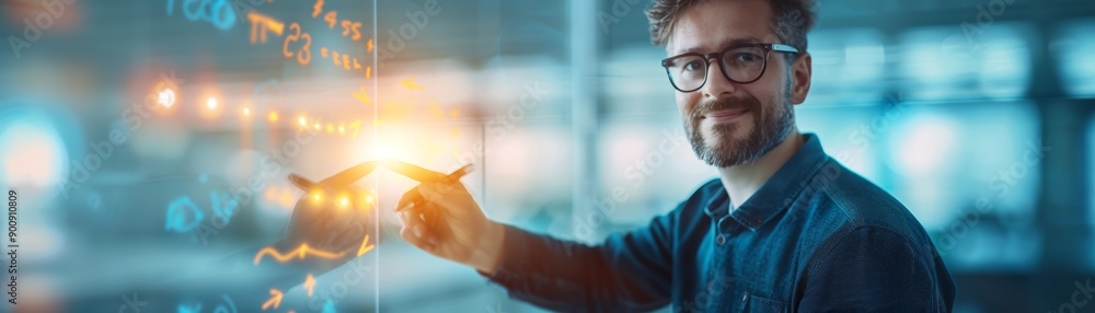 Poster man analyzing data on transparent screen