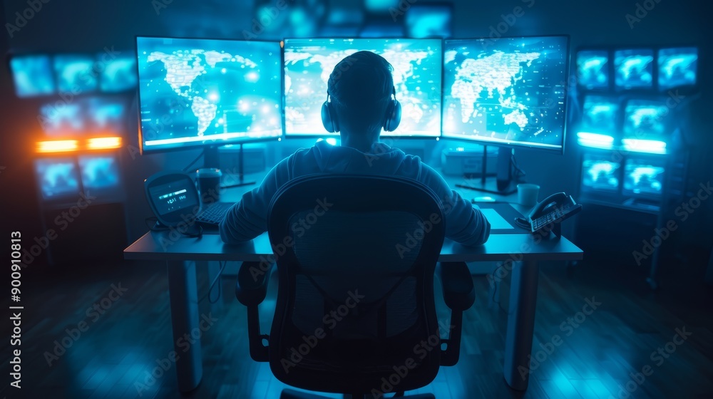 Poster cybersecurity analyst monitoring multiple screens