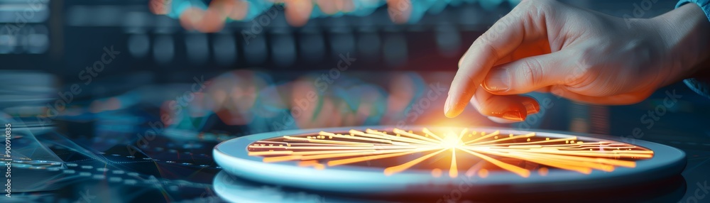 Poster hand interacting with futuristic data interface