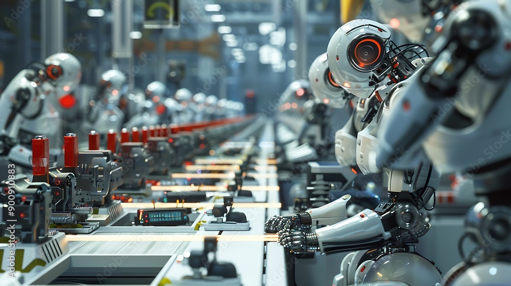 Poster assembly line of white robots working in a factory