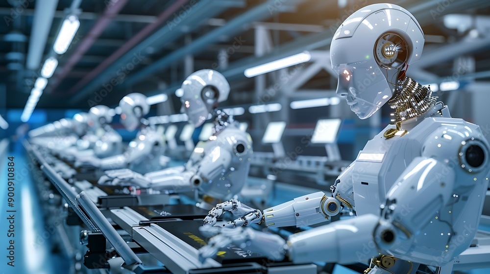 Aufkleber white humanoid robots working on an assembly line in a modern factory
