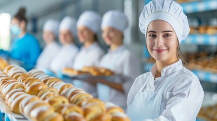 Smiling female baker in uniform standing in a commercial bakery with rows of fresh bread and colleagues in the background.
