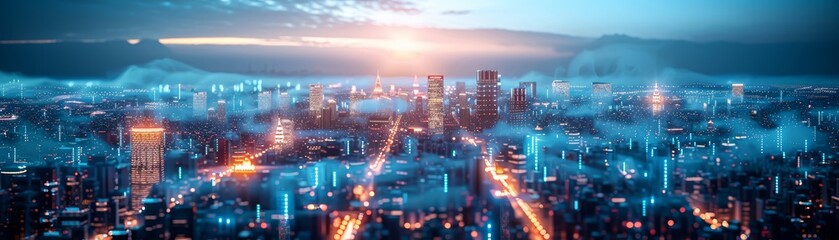 Fototapeta premium Vibrant Futuristic Cityscape at Sunset