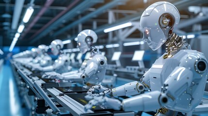 Fototapeta premium White Humanoid Robots Working on an Assembly Line in a Modern Factory