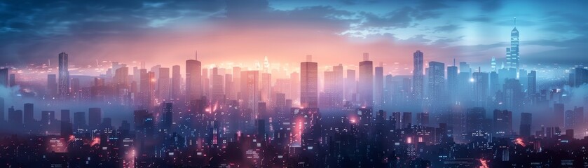Fototapeta premium Futuristic Cityscape at Dawn with Skyscrapers