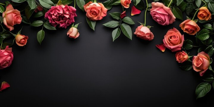A bouquet of pink and orange roses against a dark backdrop