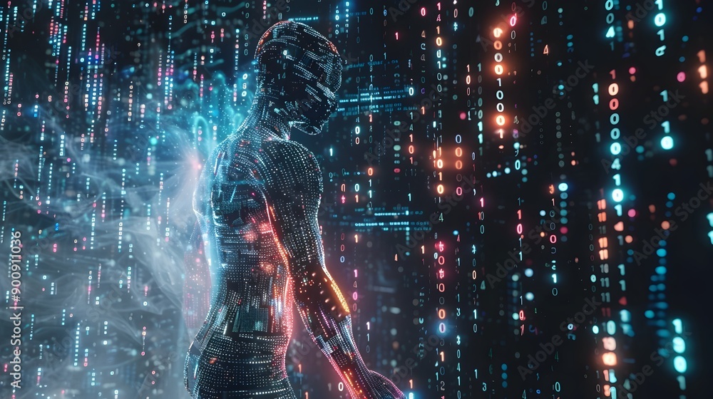 Fototapete genetic technology dna strands fused with binary code and futuristic elements