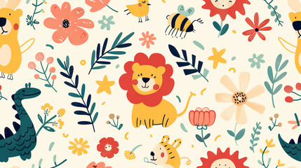 Seamless pattern with cute cartoon animals and flowers in pastel colors