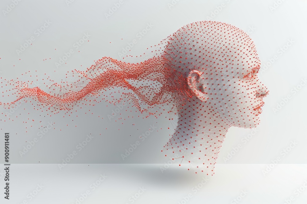 Poster digital profile of a woman dissolving into particles symbolizing thought dispersion and memory fadin
