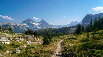 Fototapeta premium Mountain Trail With A View Of Snow-Capped Peaks