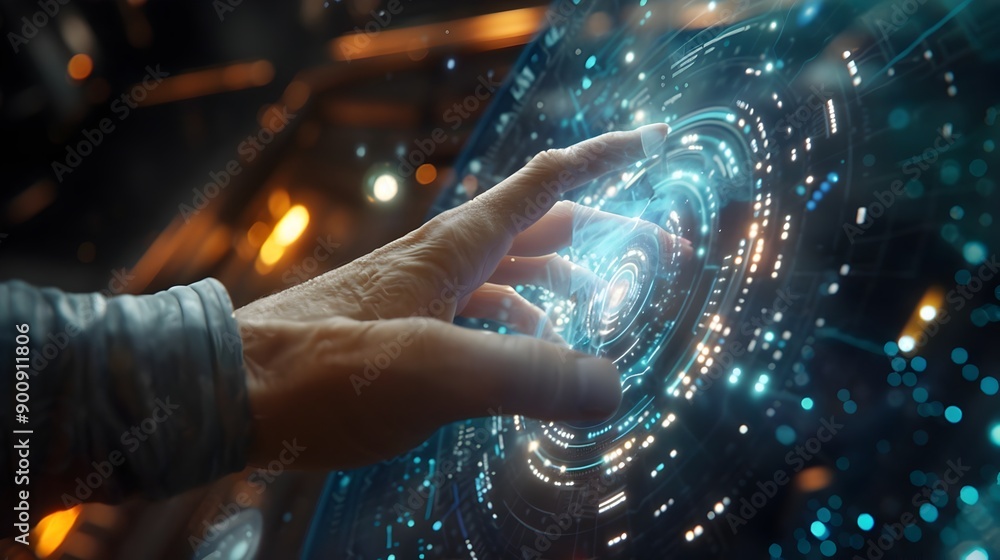 Poster Hand Interacting with Holographic Interface   Blending Physical and Digital Realms