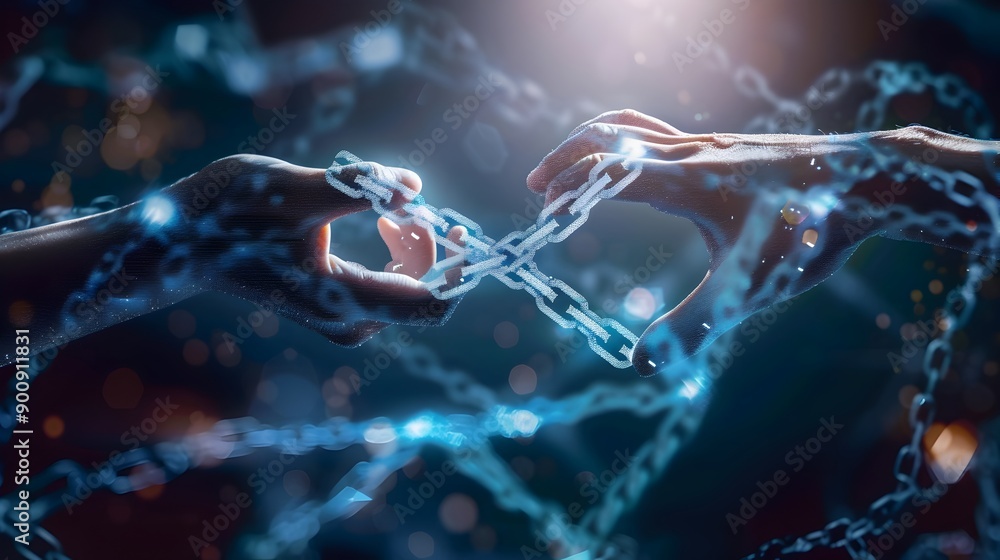 Poster hands holding blockchain symbols representing digital financial technology