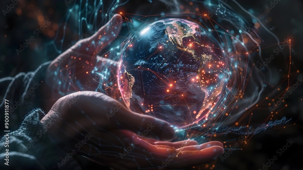 Aufkleber Hands Holding Holographic Globe with Digital Connections and Data Streams