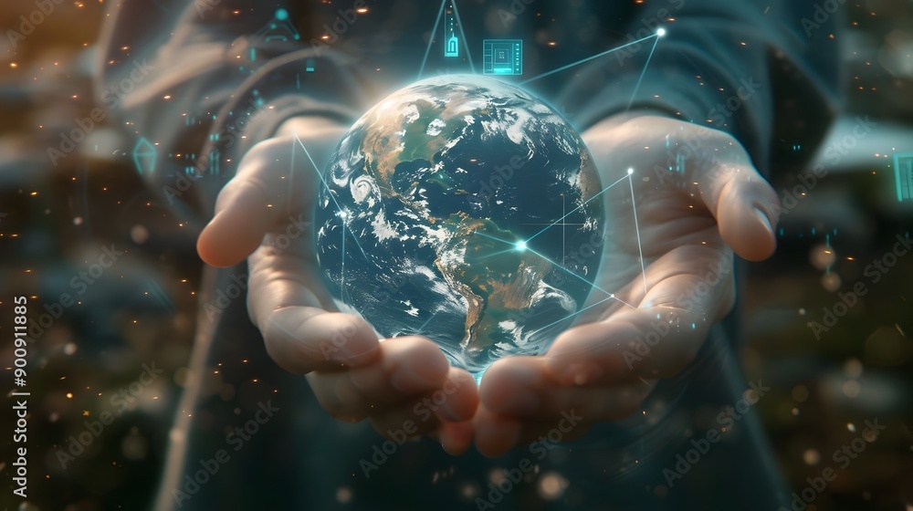 Poster hands holding futuristic digital globe with data connections
