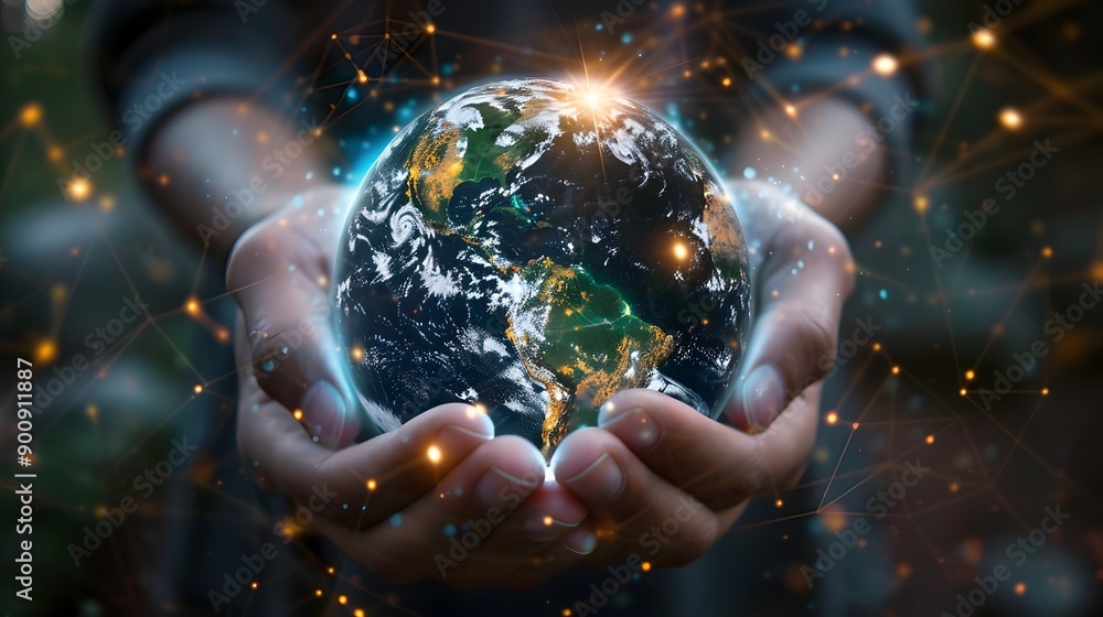 Poster hands holding holographic globe with digital connections and data streams