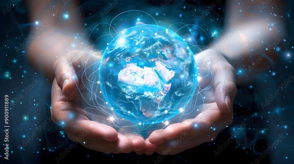Aufkleber hands holding a holographic globe with digital connections and data streams