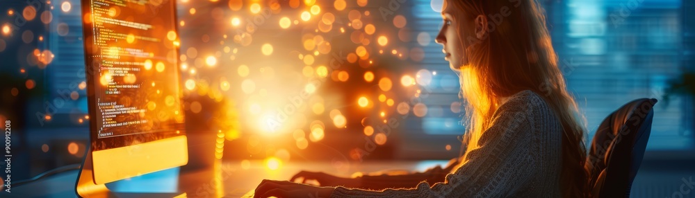 Poster woman coding at computer in evening light