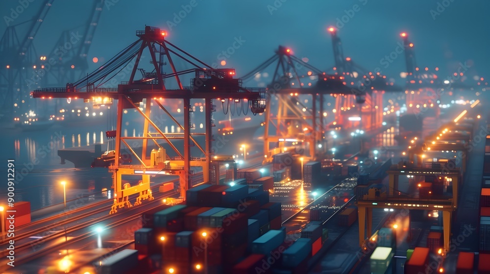 Aufkleber illuminated nighttime port with containers and cranes