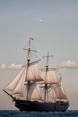 A sea vessel or yacht sailing in the sea.