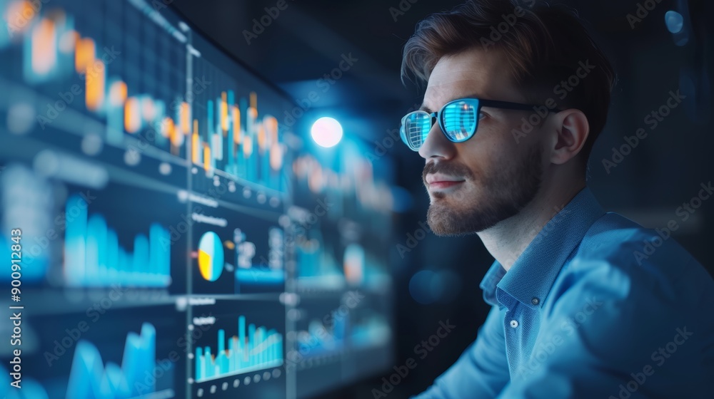 Poster young professional analyzing data on multiple screens