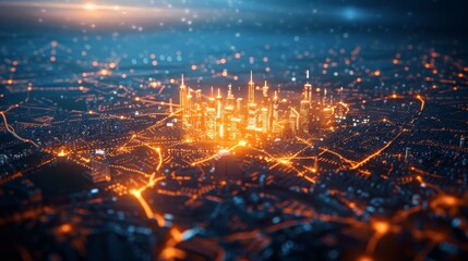 Naklejka premium Futuristic Cityscape with Glowing Network Lights