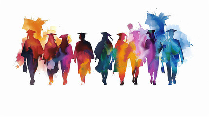 Silhouettes of students in graduation caps splash vibrant watercolors on a white background