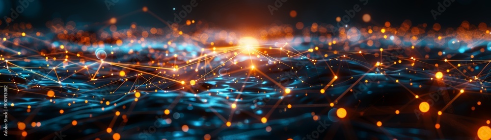 Poster A digital abstract image showcasing interconnected glowing nodes and lines, representing technology, networks, and data communication.