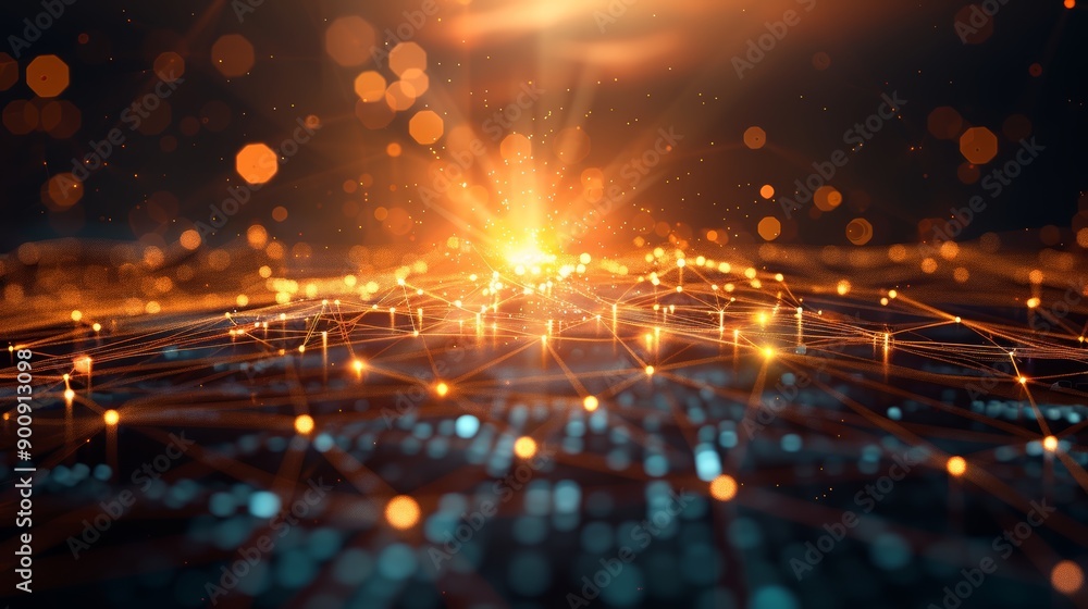 Poster Glowing orange spheres connected by illuminated lines in a futuristic digital network, symbolizing advanced technology and connectivity.