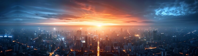 Fototapeta premium Cityscape at Dawn with Illuminated Skyline