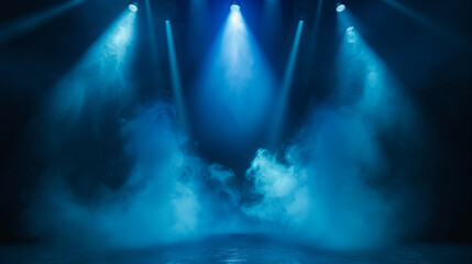 Obraz premium Vibrant Blue Stage Lights Illuminating Foggy Atmosphere During Live Performance Event