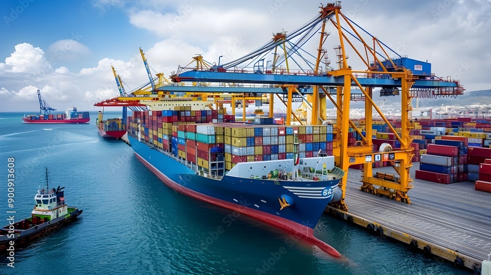 Aufkleber massive container ship docked at bustling port unloading cargo with towering cranes