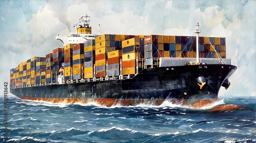 Poster massive container ship sailing across the open ocean with cargo load
