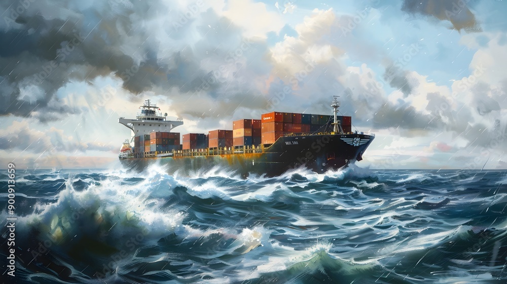 Poster massive container ship sailing across the open ocean with cargo containers