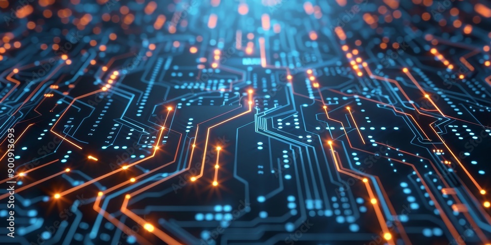 Poster Abstract digital circuit board with nodes and connections, symbolizing technological strategy and innovation