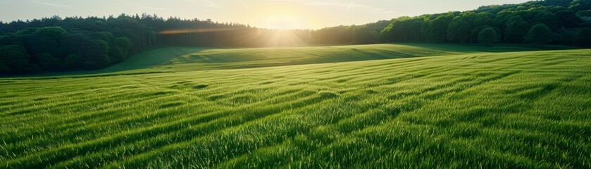 Obraz premium Sunset Over Rolling Green Fields and Forest