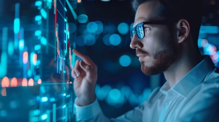 Man Analyzing Financial Graphs on Touchscreen Display