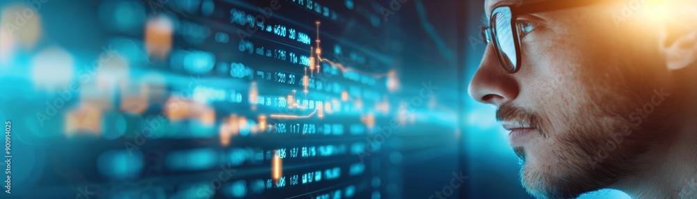 Poster man analyzing data on digital screen close-up