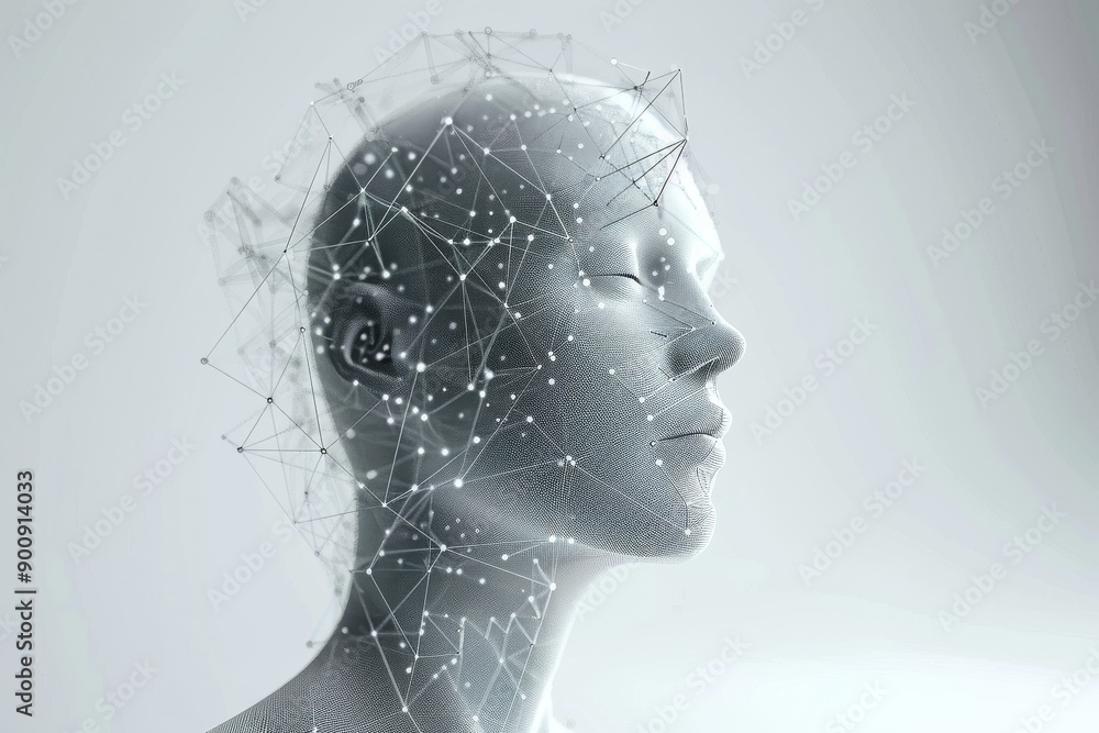 Poster digital profile of a woman with glowing neural connections symbolizing thought processes and creativ