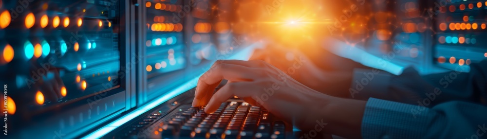 Poster hands typing on keyboard in data center