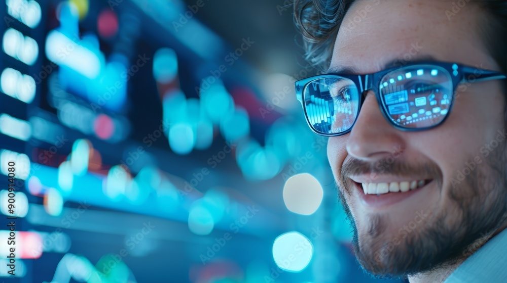 Poster smiling analyst with digital data reflections