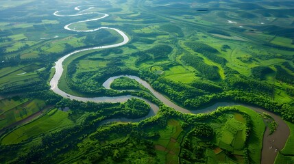 Mesmerizing Aerial View of Winding River with Lush Green Surroundings