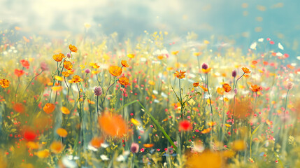 Obraz premium Vibrant Wildflower Field Blooms Under Soft Morning Light in Springtime Meadow