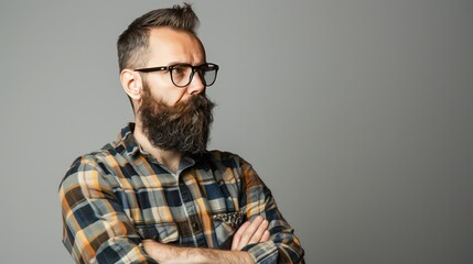 Fototapeta premium A man with a beard crosses his arms wearing a checkered shirt and glasses, close up view of half his body.