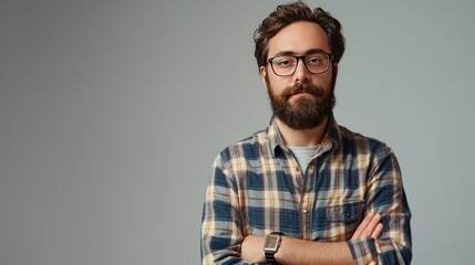 Obraz premium A man with a beard crosses his arms wearing a checkered shirt and glasses, close up view of half his body.
