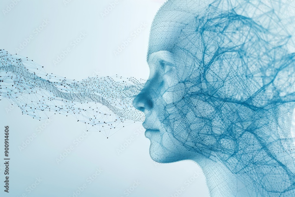 Poster digital profile of a head dissolving into particles symbolizing thought dispersion and memory fading