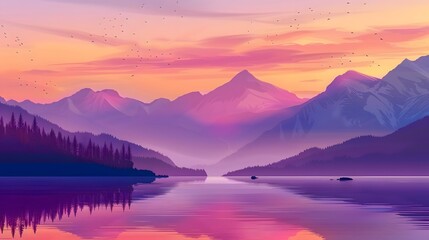 Mountain Silhouette Reflected in Still Lake at Sunset