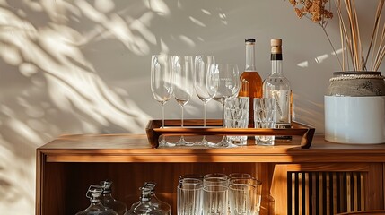 Sunlit Bar Cart with Wine and Glasses