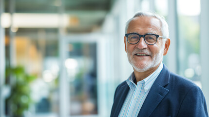 Fototapeta premium Friendly Elderly Man Smiling in Modern Office Setting During Daytime